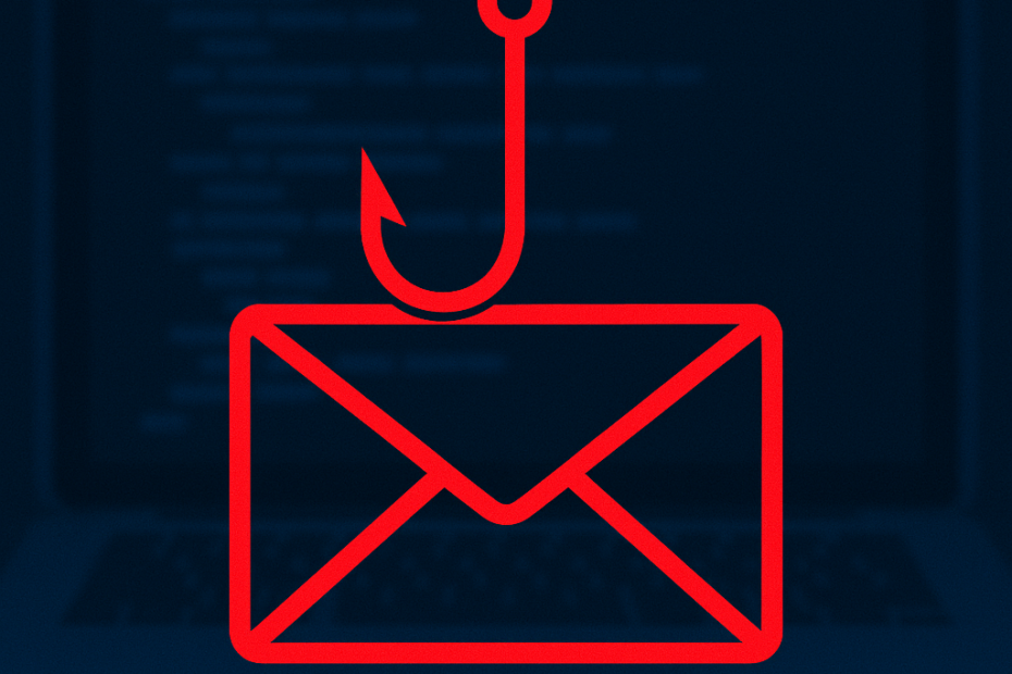 Icono de un sobre rojo siendo atrapado por un anzuelo, símbolo de phishing y estafa informática sobre un fondo digital oscuro.