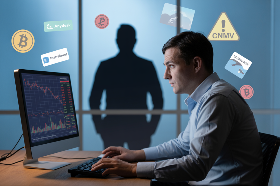 “Persona mirando con preocupación la pantalla de su ordenador con gráficos financieros manipulados, mientras en el fondo aparecen símbolos de estafas en inversiones como brókers falsos, iconos de criptomonedas y referencias a accesos remotos tipo AnyDesk o TeamViewer. Imagen para ilustrar el fraude en inversiones y las estafas financieras.”