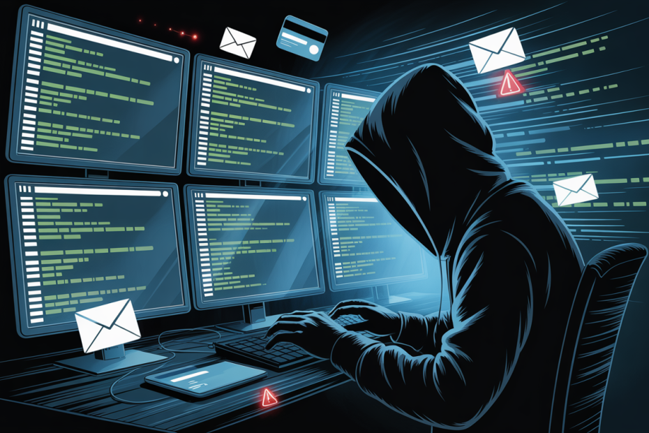 Persona controlando diferentes monitores donde se realizan diferentes estafas informáticas.