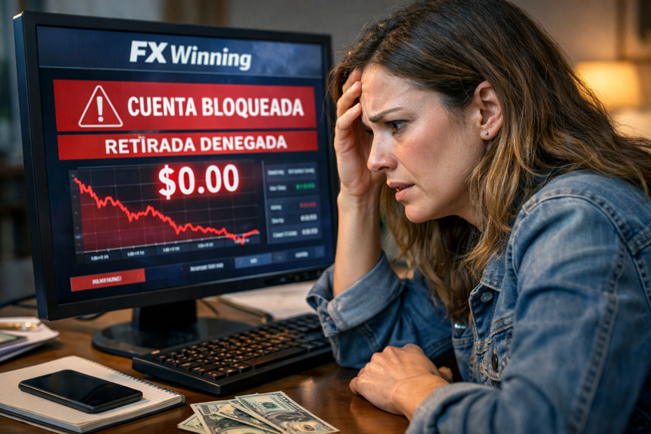 Mujer preocupada frente a un ordenador mostrando la plataforma de FX Winning con un aviso de “cuenta bloqueada”, “retirada denegada” y saldo a cero, reflejando una posible estafa de inversión y la necesidad de una querella colectiva para reclamar el dinero.